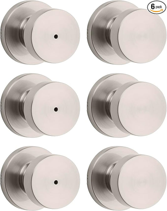Kwikset Pismo Door Knob Set, 6 Pack with 3 Non-Locking Passage and 3 Locking Keyless Privacy Handles, with Round Rose, Featuring Microban Protection in Satin Nickel