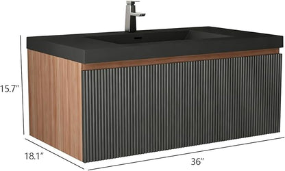 36 Inch Floating Bathroom Vanity with Sink, Wall Mounted Striped Storage Cabinet, Soft Close Drawer, Black Quartz Sand Basin, Fully Assembled, Smoked Walnut Finish