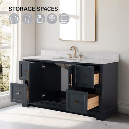 HOMEBEYOND 60 Inch Bathroom Vanity with Single Sink & Ceramic Top, Vanity Cabinet with Center Countertop Basin, Soft-Closing Doors, Backsplash, Vintage Spruce Blue