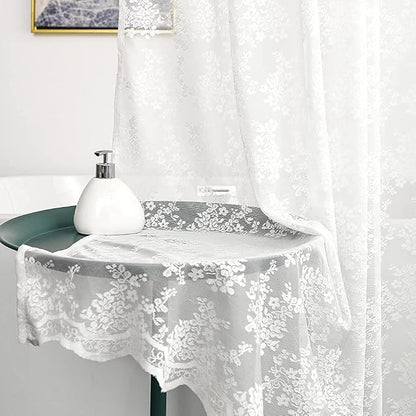 White Lace Shower Curtain 72x72, Vintage with Attached Valance, 1 Panel | Sheer White Shower Curtain with Floral Lace and Scalloped Trim Filters Soft Light for an Elegant Romantic Victorian Bathroom