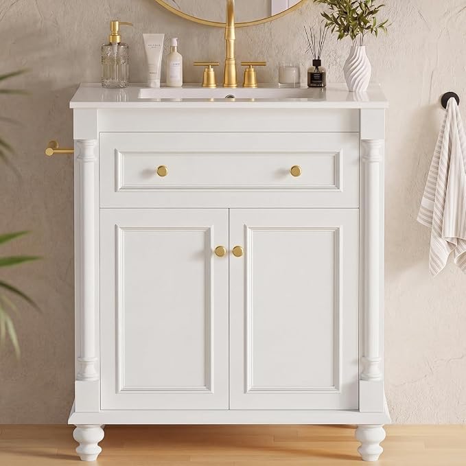 YESHOMY 30" Bathroom Vanity with Sink, Bathroom Storage Cabinet | Bathroom Vanity, Solid Wood, Integrated Ceramic Basin, 1 Flip-Down Drawer, 2 Doors & Adjustable Shelf, Milk White