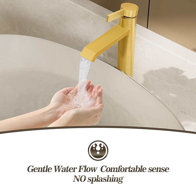 Phiestina Brushed Gold Tall Bathroom Faucet Brass Vessel Sink Faucet, Single Hole Single Handle Waterfall Above Counter Sink Faucet with Metal Pop Up Drain, FH04-BG-V