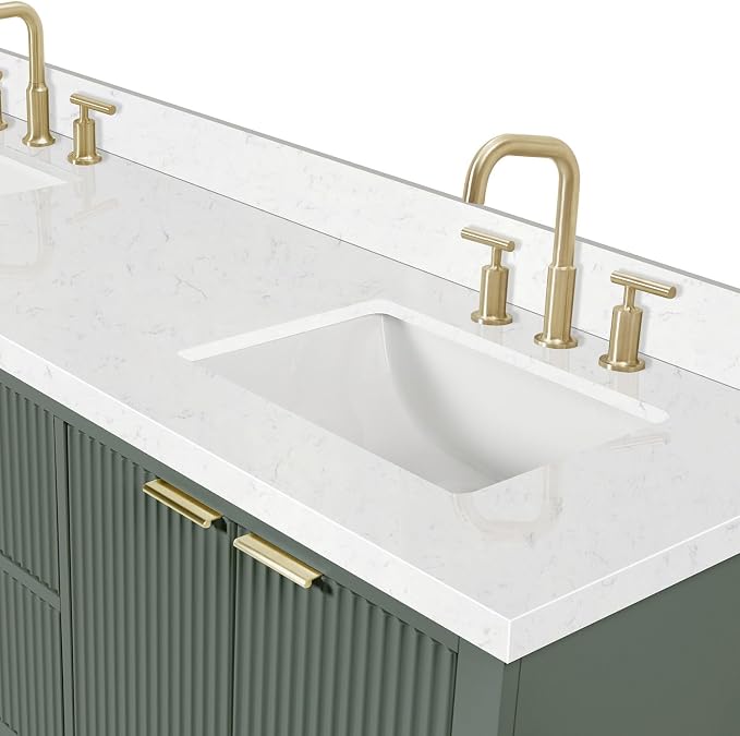 ARIEL Milan 72-inch Bathroom Vanity with Sink,Solid Wood, 1.5-inch Carrara White Quartz Countertop, Double Rectangular Porcelain Sink, Soft Closing Doors, Dovetail Drawers, Vintage Green