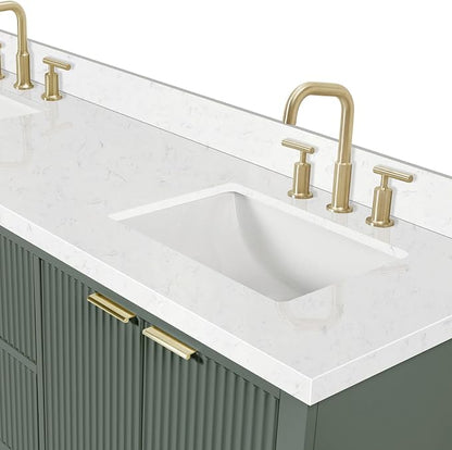 ARIEL Milan 72-inch Bathroom Vanity with Sink,Solid Wood, 1.5-inch Carrara White Quartz Countertop, Double Rectangular Porcelain Sink, Soft Closing Doors, Dovetail Drawers, Vintage Green