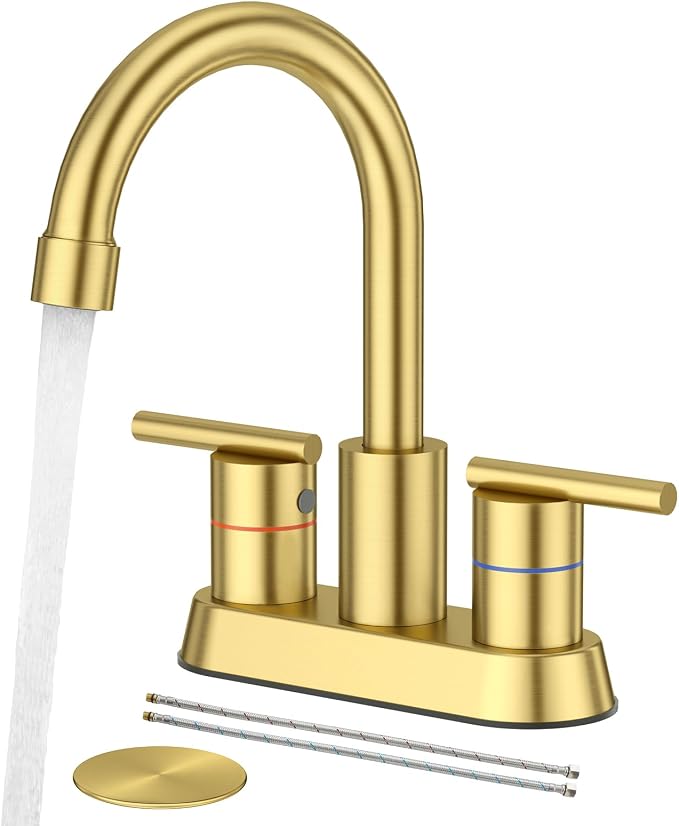Faustina Brushed Gold Bathroom Faucet, 4 Inch Centerset Faucets for Sink 2 Holes 3 Holes，Two Handles 304 Stainless Steel Faucet with Pup up Drain Assembly and 2 Water Supply Lines for RV Vanity