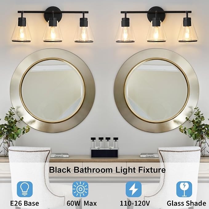 Black Bathroom Vanity Light 3 Lights Bathroom Light Fixtures Over Mirror | Vanity Lighting Fixtures with Clear Glass Shade, 22 inch Modern Vanity Lights for Bathroom, Wall Sconce Lights for Bedroom