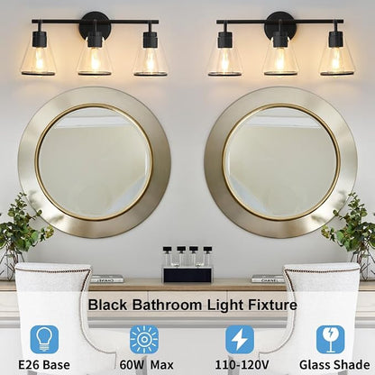 Black Bathroom Vanity Light 3 Lights Bathroom Light Fixtures Over Mirror | Vanity Lighting Fixtures with Clear Glass Shade, 22 inch Modern Vanity Lights for Bathroom, Wall Sconce Lights for Bedroom