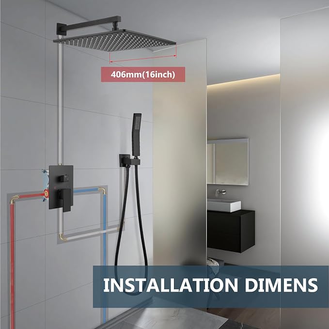 Aolemi Shower Faucet Set with Valve Handheld 16" LED Head Matte Black | Handheld Spray,16 Inch Rain LED Head,Valve and Trim Kit,All Metal,Wall Mount Shower System,Bathroom Mixer