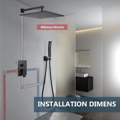 Aolemi Shower Faucet Set with Valve Handheld 16" LED Head Matte Black | Handheld Spray,16 Inch Rain LED Head,Valve and Trim Kit,All Metal,Wall Mount Shower System,Bathroom Mixer