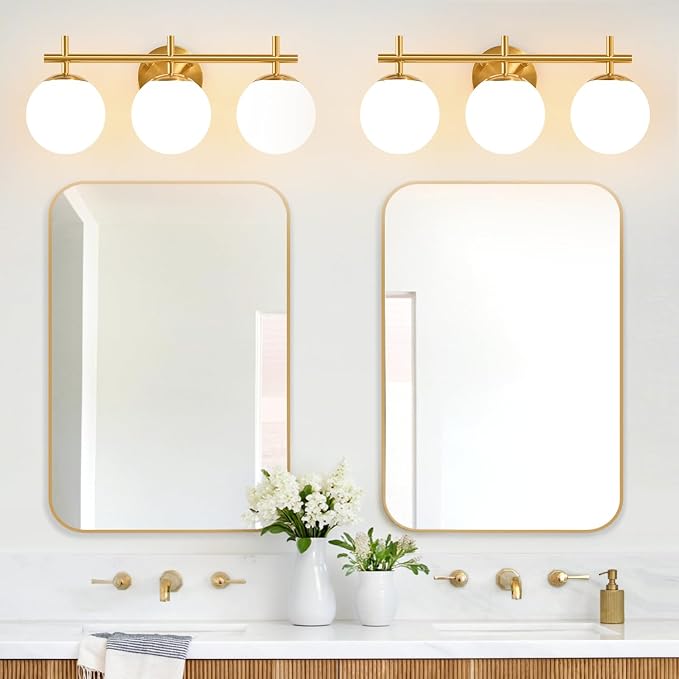 3-Light Bathroom Light Fixtures, Brushed Gold Vanity Lights for Bathroom with Milky White Glass Globe Shade, 19.3 inch Bathroom Lighting Fixtures Over Mirror, Wall Sconce for Bedroom(Bulb Not Included