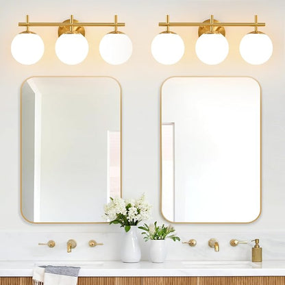 3-Light Bathroom Light Fixtures, Brushed Gold Vanity Lights for Bathroom with Milky White Glass Globe Shade, 19.3 inch Bathroom Lighting Fixtures Over Mirror, Wall Sconce for Bedroom(Bulb Not Included