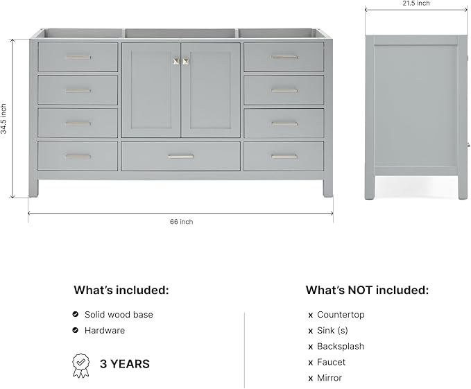 ARIEL Cambridge 66-inch Bathroom Vanity Base Cabinet,Solid Wood, 2 Soft Closing Doors, 9 Dovetail Drawers, Grey
