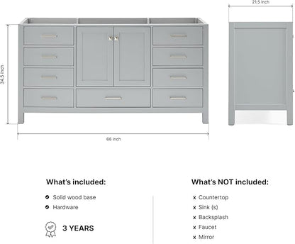 ARIEL Cambridge 66-inch Bathroom Vanity Base Cabinet,Solid Wood, 2 Soft Closing Doors, 9 Dovetail Drawers, Grey