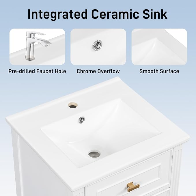 20 Inch Small Bathroom Vanity with Sink, Vanity Cabinet with Tip-Out Drawer and Door Rack Organizer, Adjustable Shelf, White