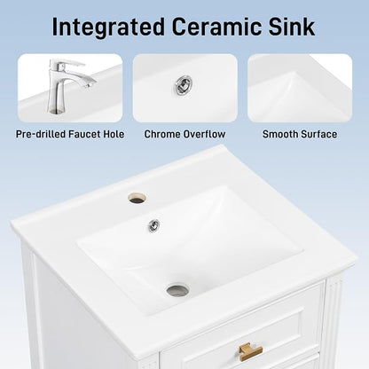 20 Inch Small Bathroom Vanity with Sink, Vanity Cabinet with Tip-Out Drawer and Door Rack Organizer, Adjustable Shelf, White
