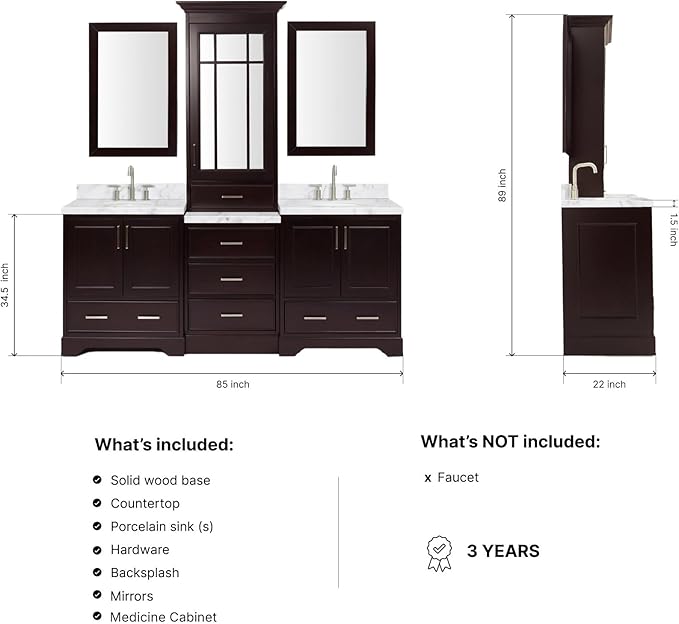 ARIEL Stafford 84-inch Bathroom Vanity with Sink,Solid Wood, 1.5-inch Italian Carrara Marble Countertop & Backsplash, Double Oval Porcelain Sink, 5 Soft Closing Doors, 6 Dovetail Drawers, Espresso