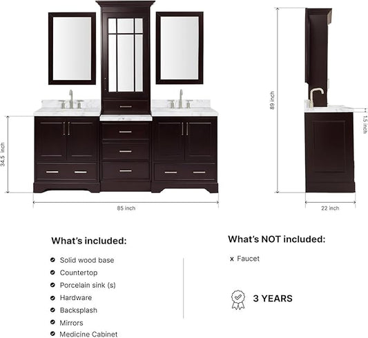 ARIEL Stafford 84-inch Bathroom Vanity with Sink,Solid Wood, 1.5-inch Italian Carrara Marble Countertop & Backsplash, Double Oval Porcelain Sink, 5 Soft Closing Doors, 6 Dovetail Drawers, Espresso