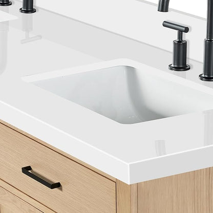 ARIEL Hepburn 72-inch Bathroom Vanity with Sink,Solid Wood, 1.5-inch Pure White Quartz Countertop, Double Rectangular Porcelain Sink, 4 Soft Closing Doors, 6 Dovetail Drawers, White Oak