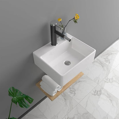 13 Inch Wall Mounted Bathroom Sink, White 13" x 11" Compact Ceramic Wall Mount Vessel Sink Basin, Rectangular Small Bathroom Sink for Powder Room, RV, Apartment, Guest Bathroom