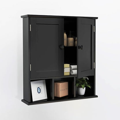 TaoHFE Black Bathroom Over The Toilet Storage Cabinet,Wall Medicine Cabinet Organizer with 2 Door Adjustable Shelves,Wooden Modern Bathroom Shelves Wall Mounted Laundry Room