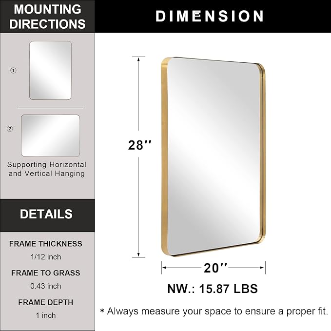 Gold Bathroom Mirror for Wall, 20x28” Brushed Brass Metal Rounded Corner Rectangle Mirror, Wall Mirror in Stainless Steel Metal Frame, 1" Deep Set Design Hangs Horizontal Or Vertical