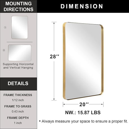 Gold Bathroom Mirror for Wall, 20x28” Brushed Brass Metal Rounded Corner Rectangle Mirror, Wall Mirror in Stainless Steel Metal Frame, 1" Deep Set Design Hangs Horizontal Or Vertical