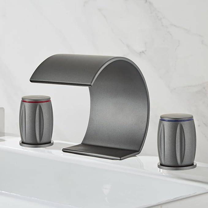 3 Hole Basin Mixer Faucet Waterfall Hot and Cold Water Brass 2 Handles 3 Hole Bathroom Faucets-Grey