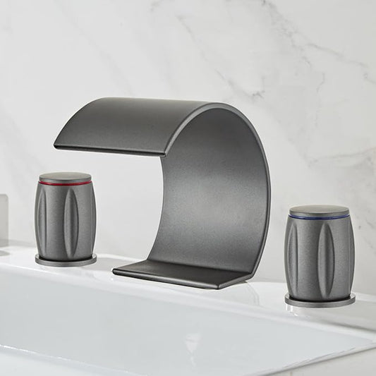 3 Hole Basin Mixer Faucet Waterfall Hot and Cold Water Brass 2 Handles 3 Hole Bathroom Faucets-Grey