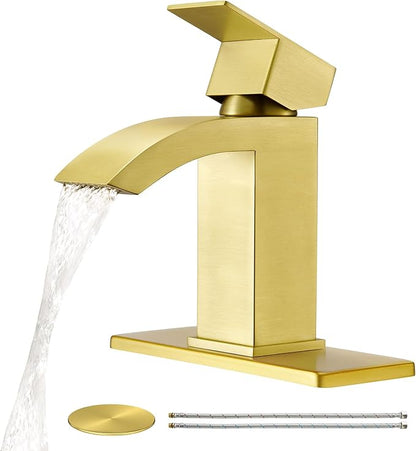 CREA Gold Waterfall Bathroom Faucet Single Hole,Brushed Gold Faucet for Bathroom Vanity Single Handle Bathroom Sink Faucet 1 Hole,Stainless Steel Utility Sink Faucet for RV Bar Lavatory(Pop Up Drain)