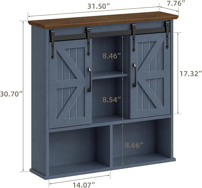 Vabches Bathroom Wall Cabinet, Farmhouse Medicine Cabinet, Navy Blue | Wooden Vintage Storage Cabinet Wall Mounted with Double Sliding Barn Door and Adjustable Shelf for Bathroom, Kitchen
