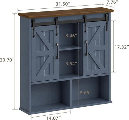 Vabches Bathroom Wall Cabinet, Farmhouse Medicine Cabinet, Navy Blue | Wooden Vintage Storage Cabinet Wall Mounted with Double Sliding Barn Door and Adjustable Shelf for Bathroom, Kitchen