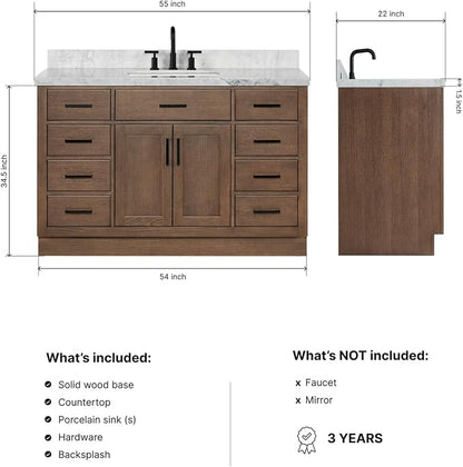 DKB Isabella 54-Inch Brown Oak Single Bathroom Vanity with Sink, 1.5-Inch Edge Italian Carrara Marble Countertop & 4" Backsplash, Soft-Closing Doors & Drawers, Solid Oak Wood Construction