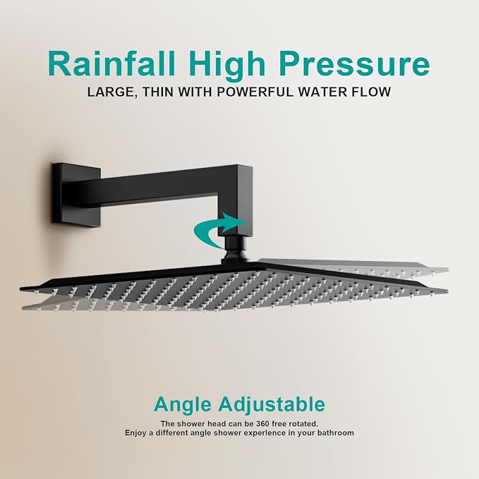 Square Rain Shower Head, High Flow Stainless Steel,Work with any decorative style，All Metal Rainfall Shower Head (Matte Black, 12)