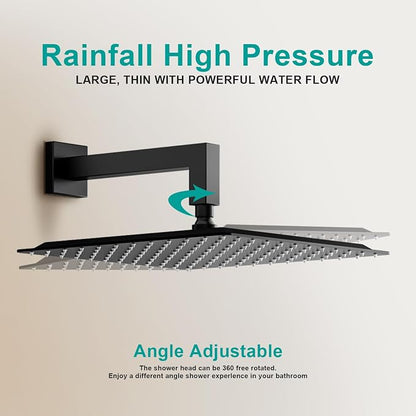 Square Rain Shower Head, High Flow Stainless Steel,Work with any decorative style，All Metal Rainfall Shower Head (Matte Black, 12)