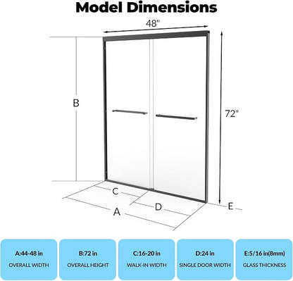 44-48" W x 72" H Semi-Frameless Shower Door, Double Sliding Glass Door with 5/16" (8mm) Clear Tempered Glass for Bathroom, Matte Black