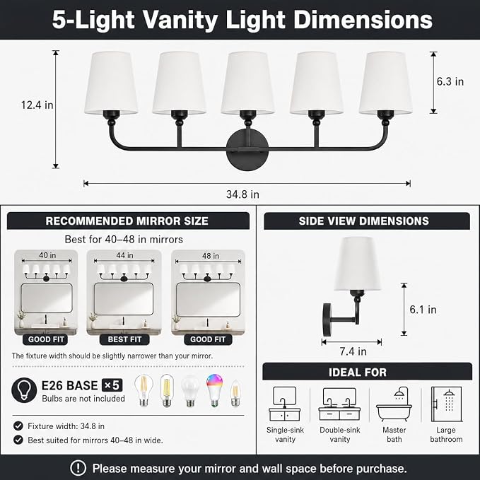Bathroom Vanity Light, Matte Black Bathroom Lighting Fixtures Over Mirror | 5-Light Bathroom Light Fixtures with Flared White Fabric Shade, E26 Socket (ETL Listed)