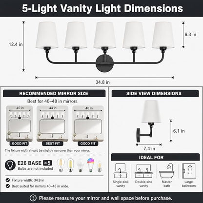 Bathroom Vanity Light, Matte Black Bathroom Lighting Fixtures Over Mirror | 5-Light Bathroom Light Fixtures with Flared White Fabric Shade, E26 Socket (ETL Listed)