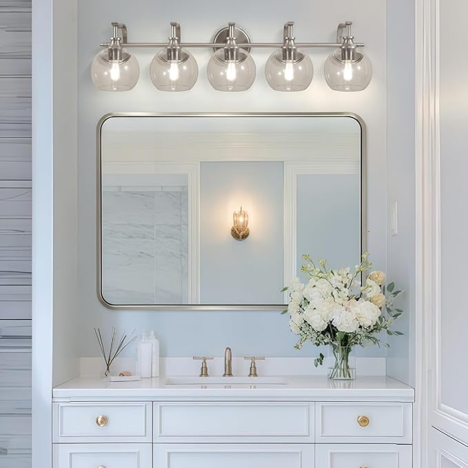 5-Light Brushed Nickel Bathroom Light Fixture, 35" Large Wall Sconce, Glass Globe Design, Perfect for Large Bathrooms, Double Vanities, Elegant Linear Design