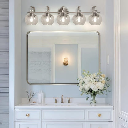 5-Light Brushed Nickel Bathroom Light Fixture, 35" Large Wall Sconce, Glass Globe Design, Perfect for Large Bathrooms, Double Vanities, Elegant Linear Design