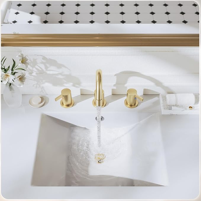 Phiestina Brushed Gold 3 Hole Widespread Bathroom Sink Faucet, 8 Inch Bathroom Faucet Set with Metal Pop UP Drain and Valve, WF15-1-BG