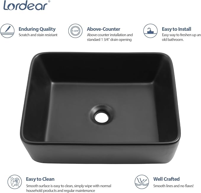 Lordear Black Vessel Sink 19"x15" Bathroom Sink Rectangle Above Counter Black Porcelain Ceramic Vessel Vanity Sink Art Basin