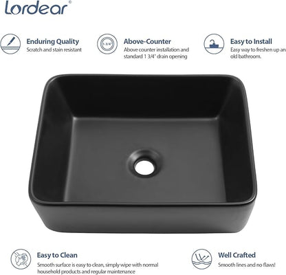 Lordear Black Vessel Sink 19"x15" Bathroom Sink Rectangle Above Counter Black Porcelain Ceramic Vessel Vanity Sink Art Basin