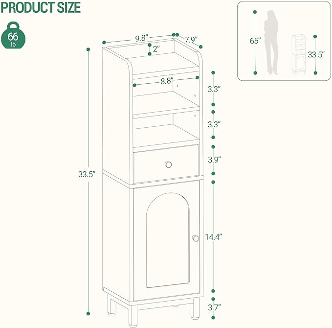 Bathroom Storage Cabinet, Corner Floor Cabinet with Drawers and Doors, Narrow Toilet Paper Holder, Bathroom Organizer with Adjustable Shelf, for Small Spaces, White BC29813GV1