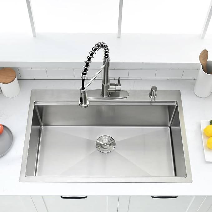 33 Inch Drop In Kitchen Sink Workstation - 33 x 22 Inch Drop In Sinks 16 Gage Stainless Steel Topmount Sinks Single Bowl 10'' Deep Handmade Above the Counter sink with Cutting Board& Strainer