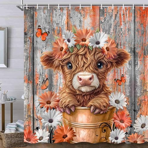 Rustic Wood Farmhouse Floral Shower Curtain for Bathroom, Western Funny Highland Cow Bull Floral Butterfly Country Flower Plant Art Printed Fabric Polyester Waterproof 12 Pack Plastic Hooks 54X72in