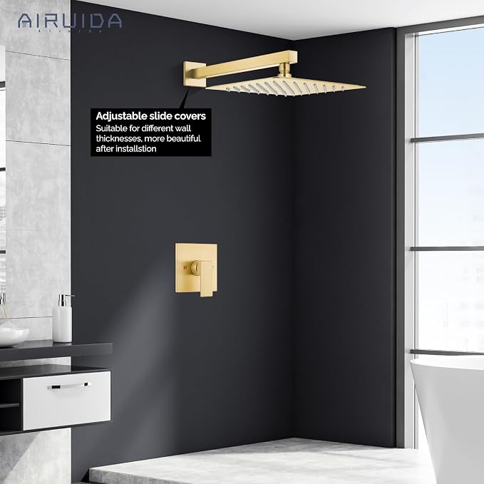 Airuida Shower Faucet Set,12 Inch Shower Valve Kit,Brushed Gold | Male Threads,Rough-in Valve Shower Trim Kit,Single Handle Control Shower Set
