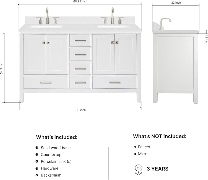 ARIEL Cambridge 60-inch Bathroom Vanity with Sink,Solid Wood, 1.5-inch Carrara White Quartz Countertop, Double Rectangular Porcelain Sink, 4 Soft Closing Doors, 6 Dovetail Drawers, White