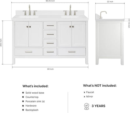 ARIEL Cambridge 60-inch Bathroom Vanity with Sink,Solid Wood, 1.5-inch Carrara White Quartz Countertop, Double Rectangular Porcelain Sink, 4 Soft Closing Doors, 6 Dovetail Drawers, White