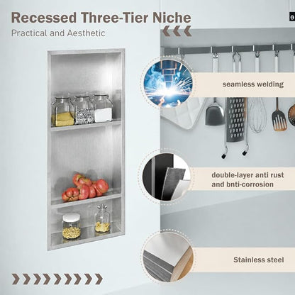 30 x 12 Inch Shower Niche, Brushed Stainless Steel Recessed Wall Niche, No Tile Needed Built-in Shower Shelf, 3-Tier Bathroom Storage Organizer, Waterproof Rustproof