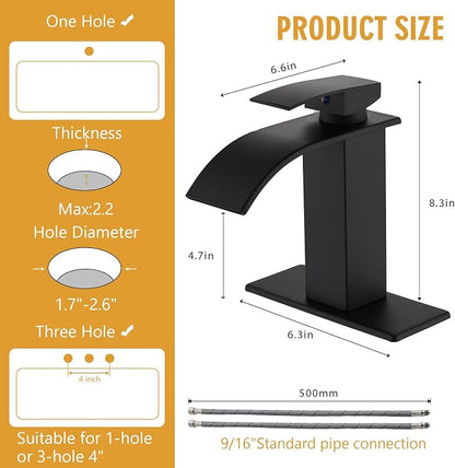 Bathroom Sink Faucet, Waterfall Bathroom Faucet with Pop-up Drain, Supply Hoses and Deck Plate, Suitable for 1 or 3 Holes, Mate Black